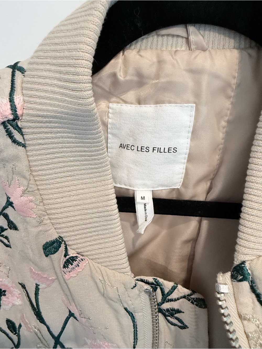 Avec Les Filles Embroidered Floral Bomber Jacket - Beige Pink - Picture 2 of 4
